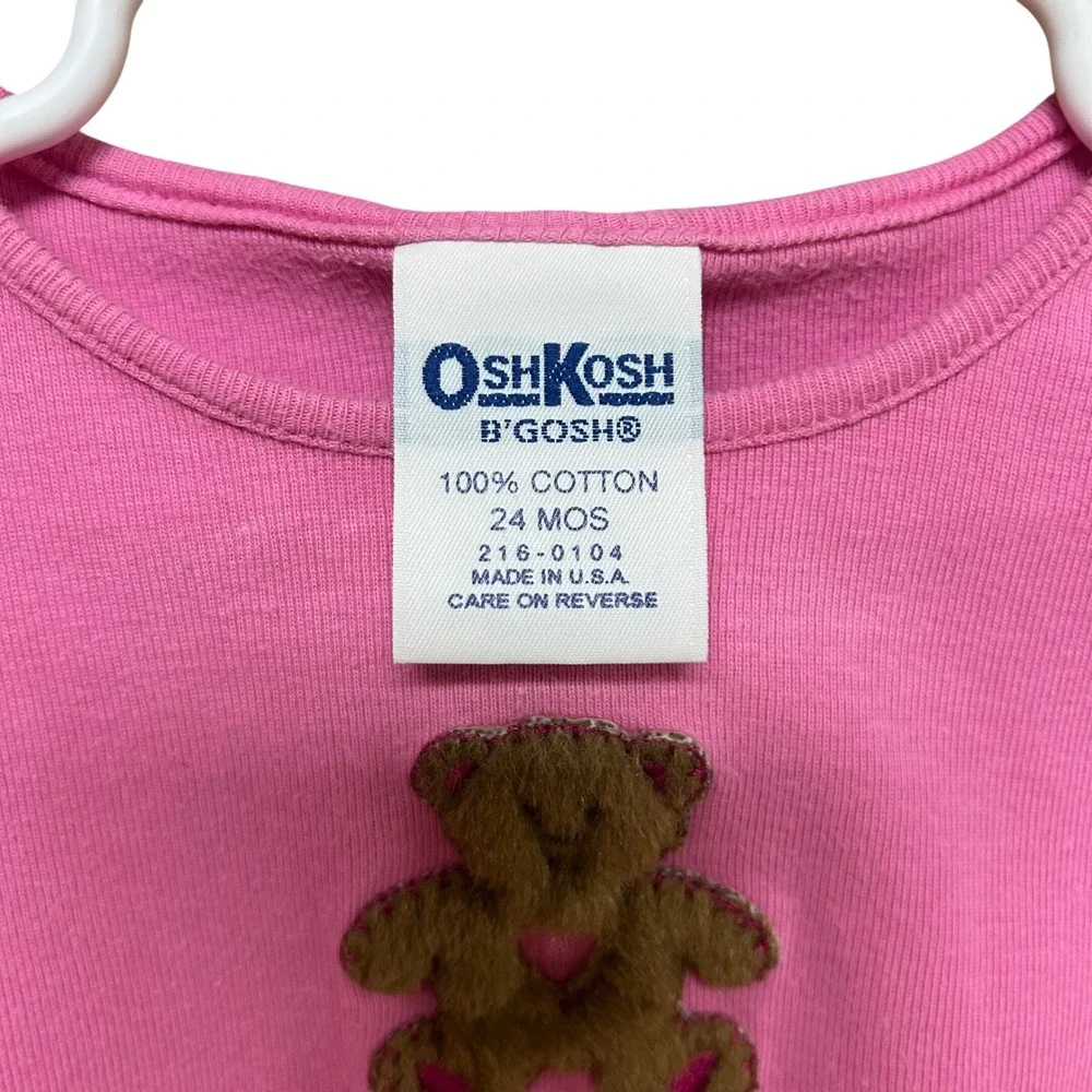 VTG OshKosh Bgosh Pink Long Sleeve Teddy Bear Shirt 24 Mo USA Made Cottagecore